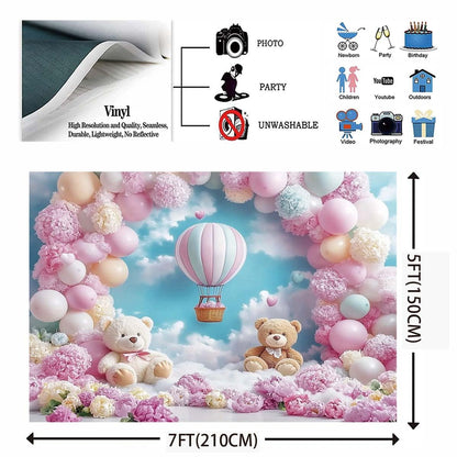 Pink Bear Hot Air Balloon Backdrop Girl Bear Balloons Baby Shower Background Girl 1st Birthday Party Banner Newborn Baby Shower Party Cake Table Decoration Photo Booth Props(Pink, 7x5ft)