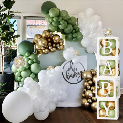 Baby in Bloom Baby Shower Decorations - 116pcs Pink and Sage Green Balloon Arch Kit, BABY in Bloom Backdrop and Baby Boxes with Letters for Pink Floral Baby Shower Decorations for Girl