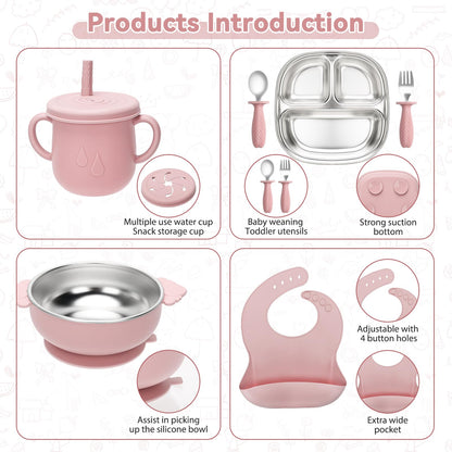 Baby Weaning Bundle, Silicone Baby Feeding Set, Comes with Detachable Silicone Stainless Steel Toddlers Plate and Bowl set, Baby Bib and 2-in-1 Water Cup and spoons (Blue)
