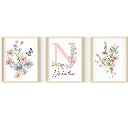 Personalized Wildflower Nursery Prints, Custom Floral Name Wall Art, Baby Girl Initial Monogram Posters, Boho Watercolor Wild Flower Artwork - Unframed (Autumn Meadow, 8x10)