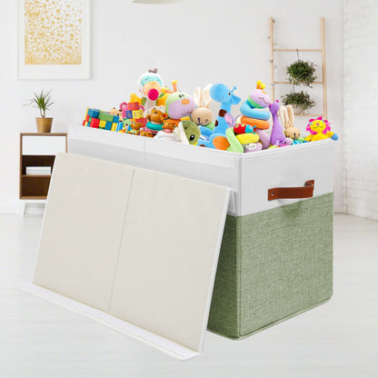 Large Toy Storage Box with Lid, Sturdy Toys Storage Chest Bin Organizer Basket with Dividers for Kids, Boys, Girls, Nursery, Closet, Bedroom, Playroom 25"x13" x16" (Beige and White)