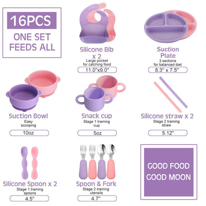 16 Pcs Baby Led Weaning Supplies Silicone Baby Feeding Set Plates with Suction Utensils with Divided Adjustable Bib Bowl Cutlery Snack Cup Spoons Straw 6 Months+(Purple, Pink)