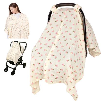 Muslin Car Seat Cover Baby Girls Boys, Summer Cotton Baby Car Seat Cover for Carseat, Comfortable Nursing Cover, Soft Baby Blanket, Breathable Lightweight Infant Stroller Canopy, Rainbow