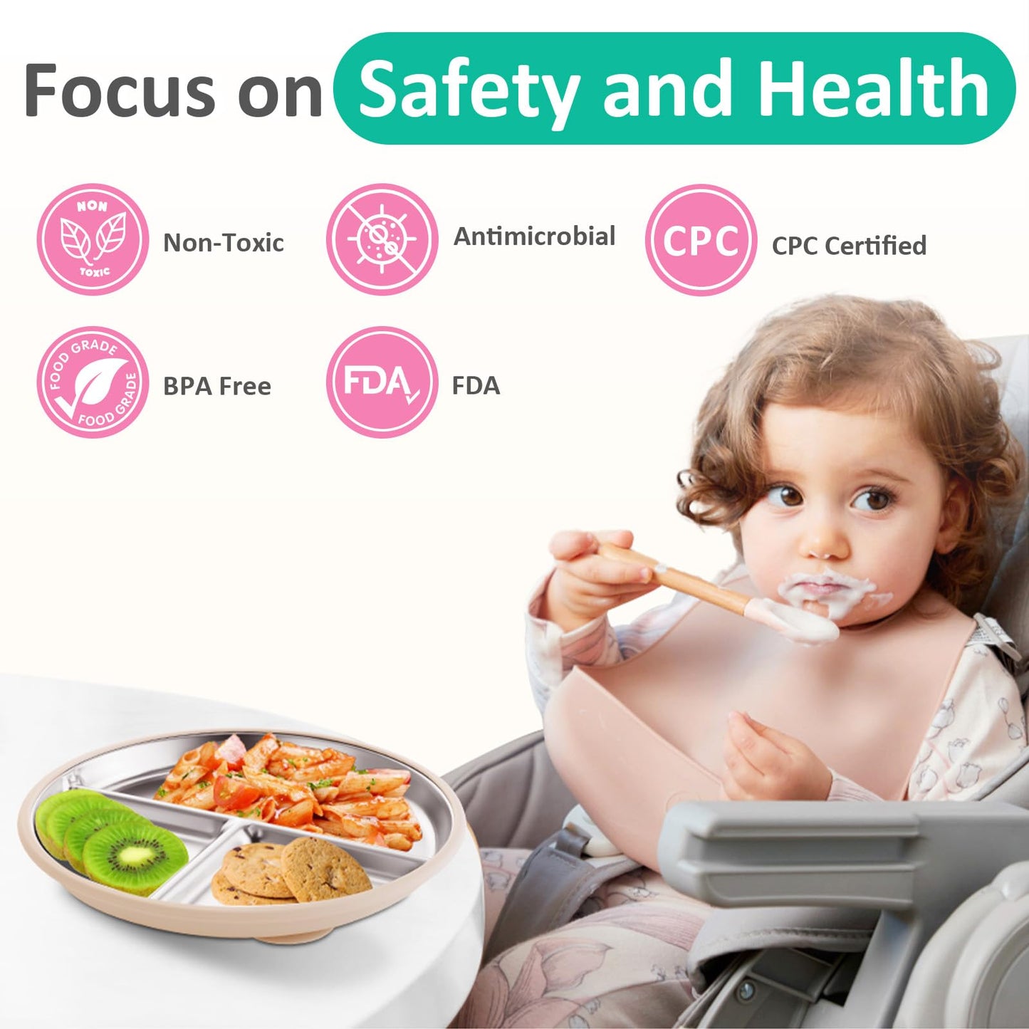Stainless Steel Baby Plate with Suction, 9” Divided Toddler Plates with Removable Silicone Sleeves for Kids, Non-Toxic Non-Slip Unbreakable Dishwasher Safe Dinnerware Set of 2, Pink & Beige