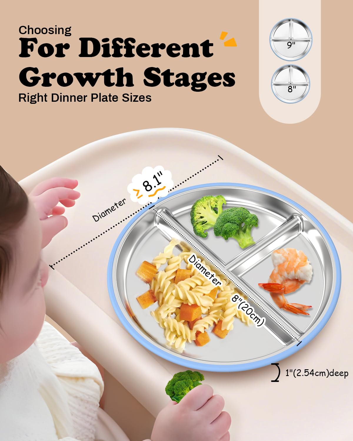 Stainless Steel Baby Plate with Suction, 9” Divided Toddler Plates with Removable Silicone Sleeves for Kids, Non-Toxic Non-Slip Unbreakable Dishwasher Safe Dinnerware Set of 2, Pink & Beige