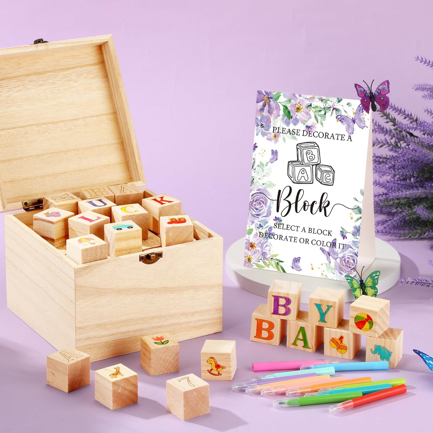 Marsui 136 Pcs Baby Shower Blocks to Decorate Game Kit Includes 98 Wooden Blocks, 36 Markers, 1 Game Sign, 1 Storage Box for Baby Shower Gender Reveal Activity Party Decorations(Pink Elephant)