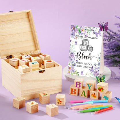 Marsui 136 Pcs Baby Shower Blocks to Decorate Game Kit Includes 98 Wooden Blocks, 36 Markers, 1 Game Sign, 1 Storage Box for Baby Shower Gender Reveal Activity Party Decorations(Pink Elephant)