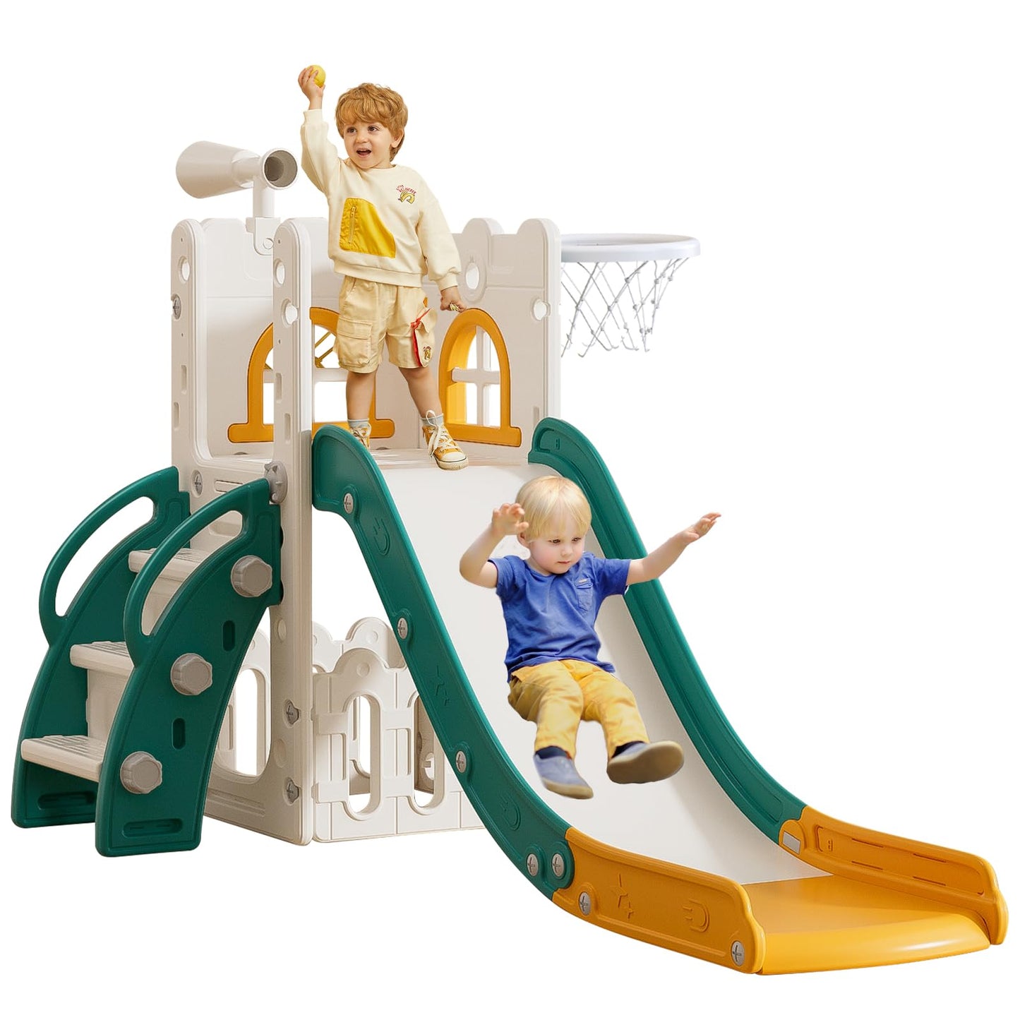 6 in 1 Toddler Slide for Toddler Age 1-3,Kids Climber Slider for Indoor Outdoor Playground with Basketball Hoop,Storage and Telescope,L Shaped Slide for Toddler Climber Playset