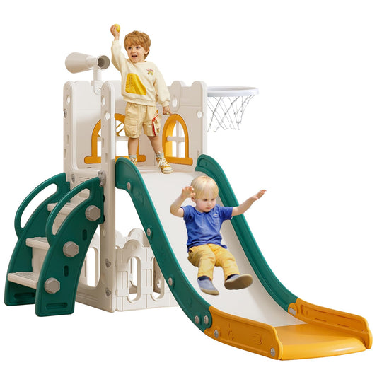 6 in 1 Toddler Slide for Toddler Age 1-3,Kids Climber Slider for Indoor Outdoor Playground with Basketball Hoop,Storage and Telescope,L Shaped Slide for Toddler Climber Playset