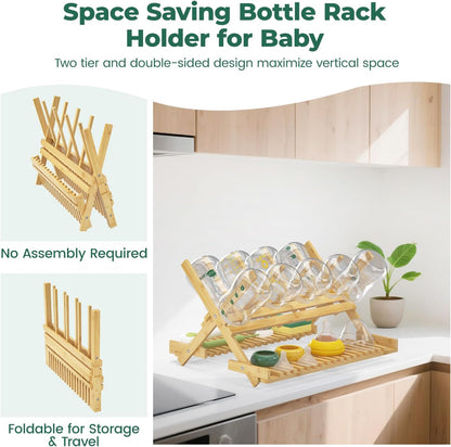 EsLuker.ly Baby Bottle Drying Rack, Bamboo Vertical Dryer Holder Organizer for Kitchen Countertop, Space Saving Foldable Baby Glass Milk Bottle Drain Storage Shelf for New Parents Family, No Assembly