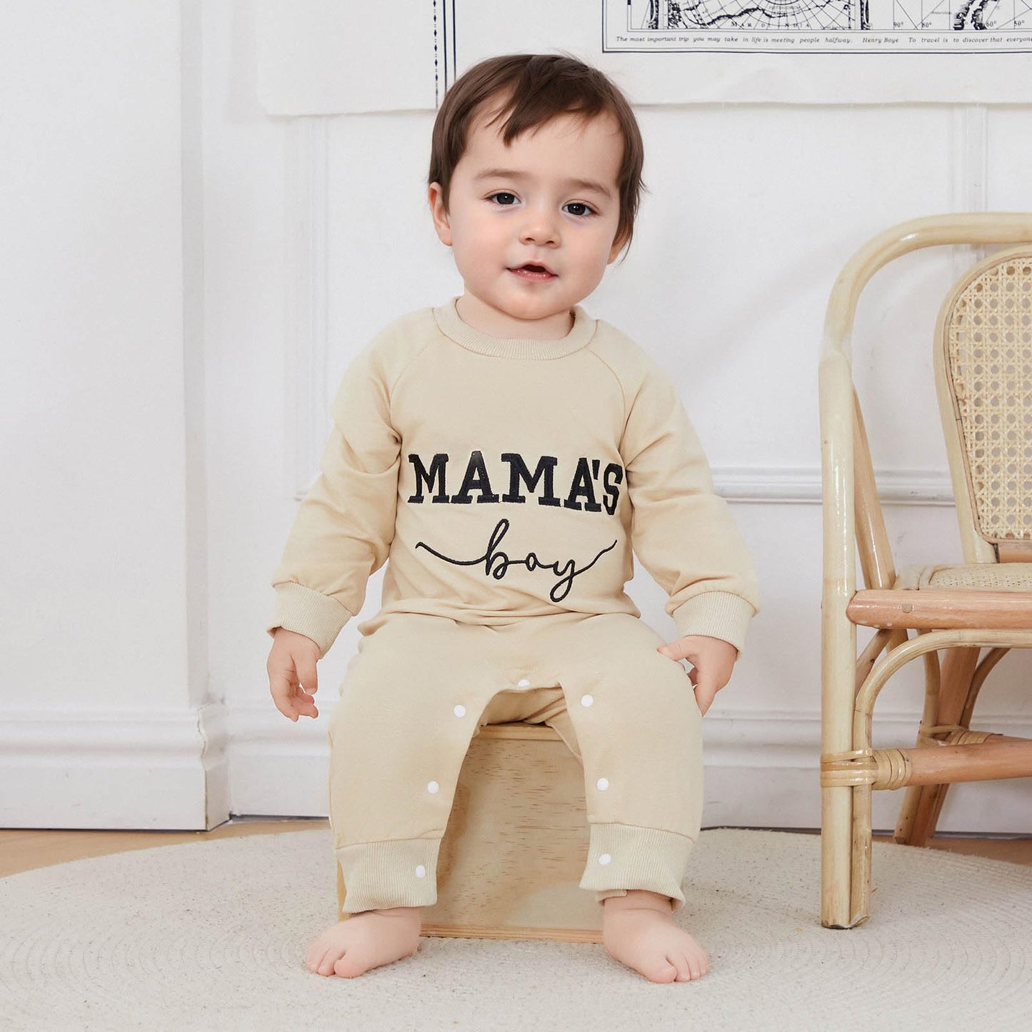 Newborn Baby Boy Fall Outfit Mamas Boy Embroidery Jumpsuit Long Sleeve Crewneck Romper Infant Boy Winter Clothes