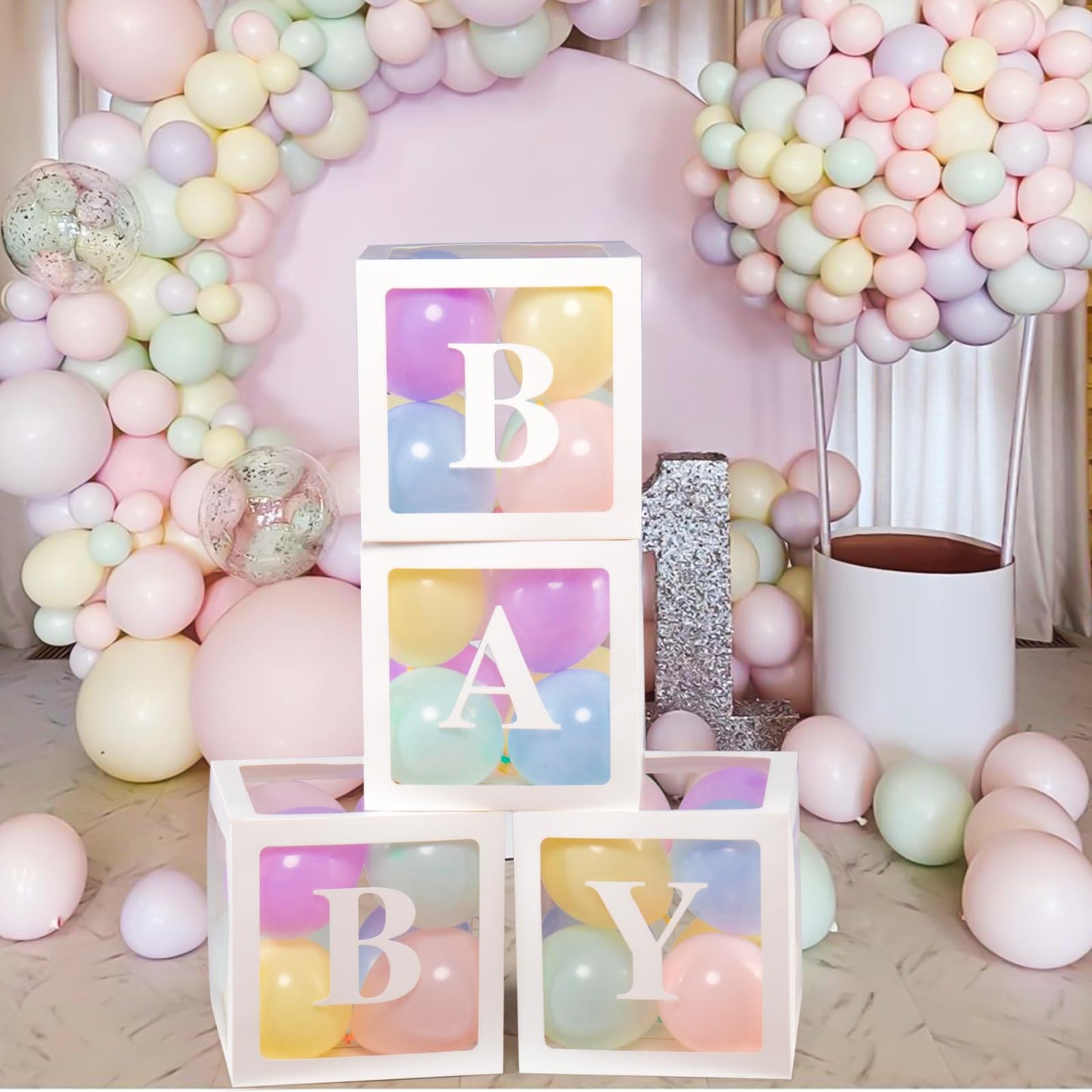 Baby Boxes with Letters for Baby Shower Decorations, Gender Reveal with 4 Pastel Balloon Boxes