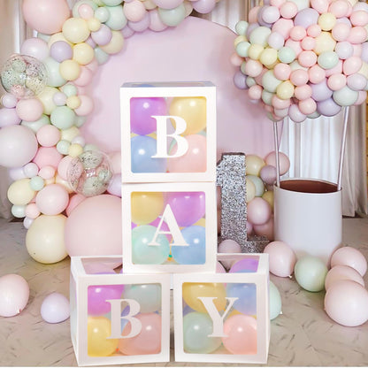 Baby Boxes with Letters for Baby Shower Decorations, Gender Reveal with 4 Pastel Balloon Boxes