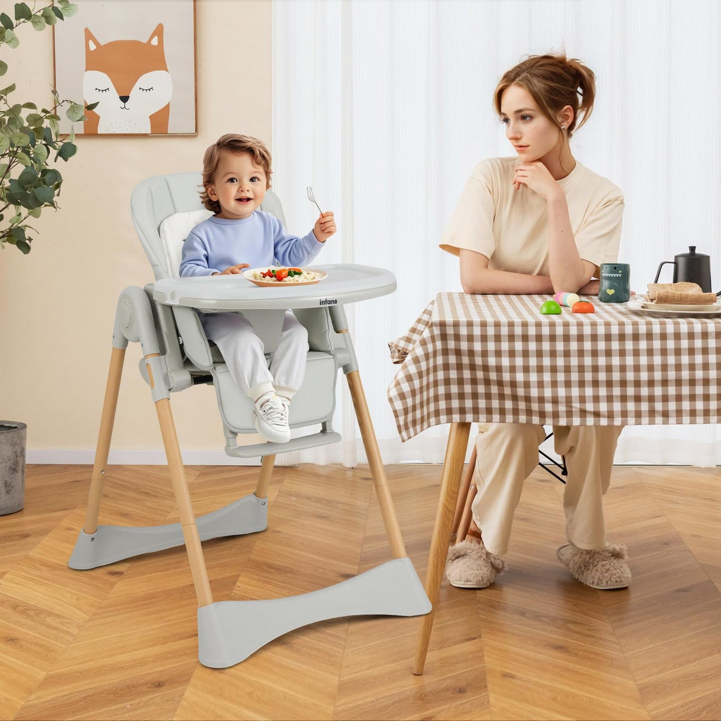 INFANS Baby High Chair, High Chairs for Babies & Toddlers with Adjustable Height Backrest Footrest Removable Tray, Easy to Clean PU Seat Convertible Quick Folding Portable Highchair (Dark Gray)