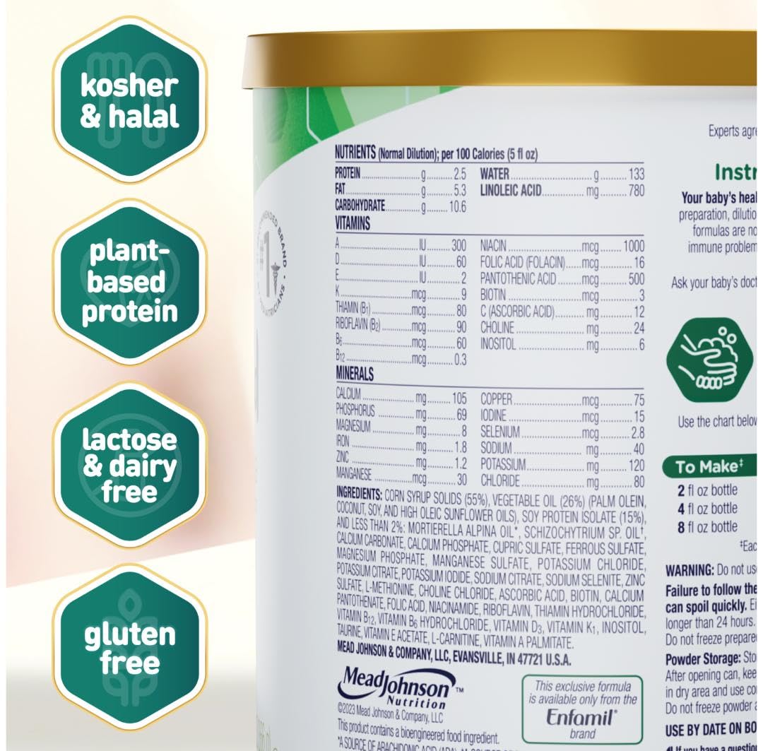 Enfamil Prosobee Plant based Baby Formula, for Sensitive Tummies, Soy-based Plant Sourced Protein, Vitamins for Immune Support, Lactose-free, Milk free, Gluten free, 20.9 Oz Can