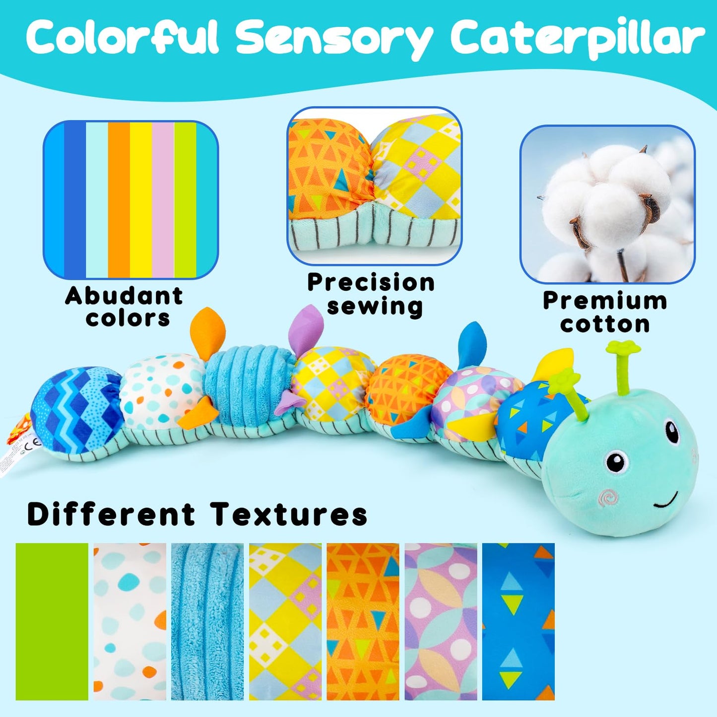 Baby Sensory Toy 0-6 Month Music Animal Stuffed Plush Caterpillar Toy for Infant 0-3-6 Month Tummy Time with Baby Mirror Crinkle Rattle for 6-12 Month Carseat Toy for Newborn Boys Girls Shower Gifts