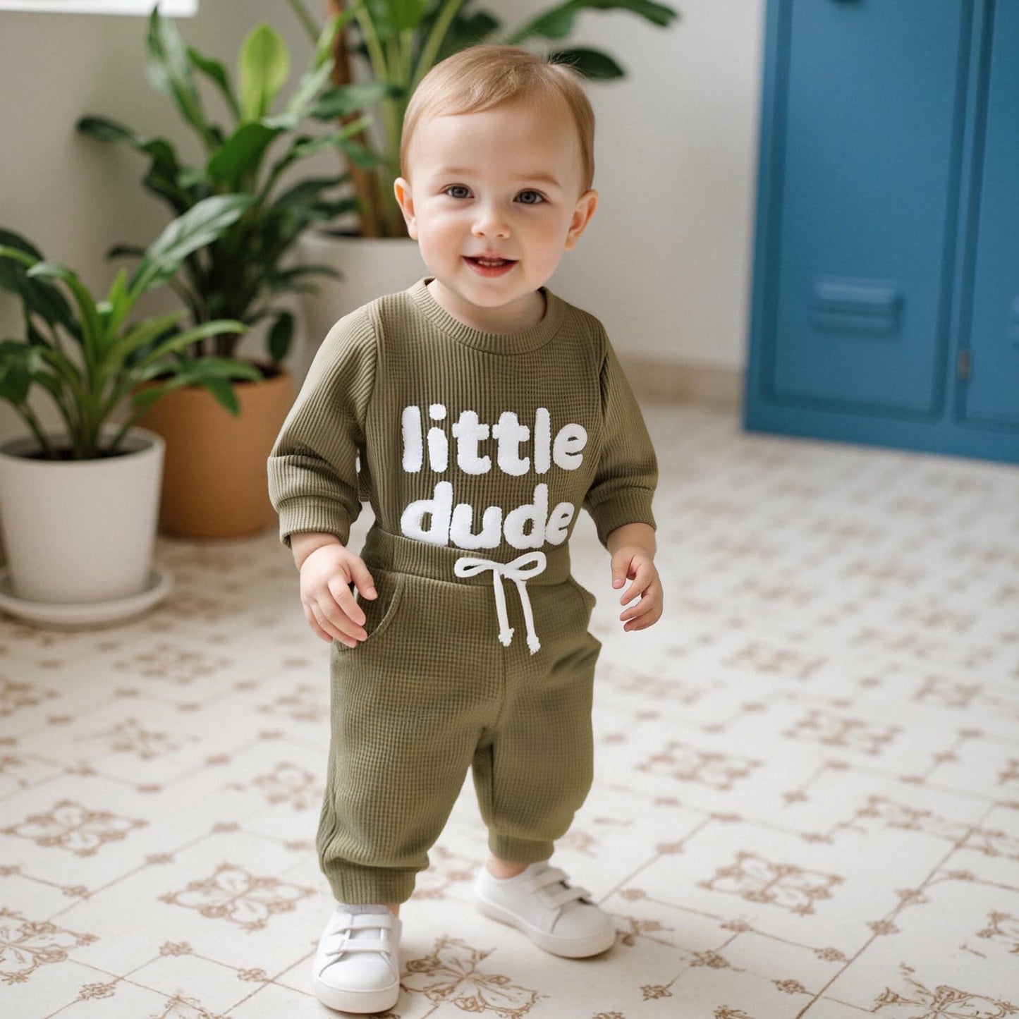Douhoow Baby Boy Clothes Letters Embroidered Baby Sweatshirt Romper Waffle Pants Set Infant Boy Fall Winter Outfits