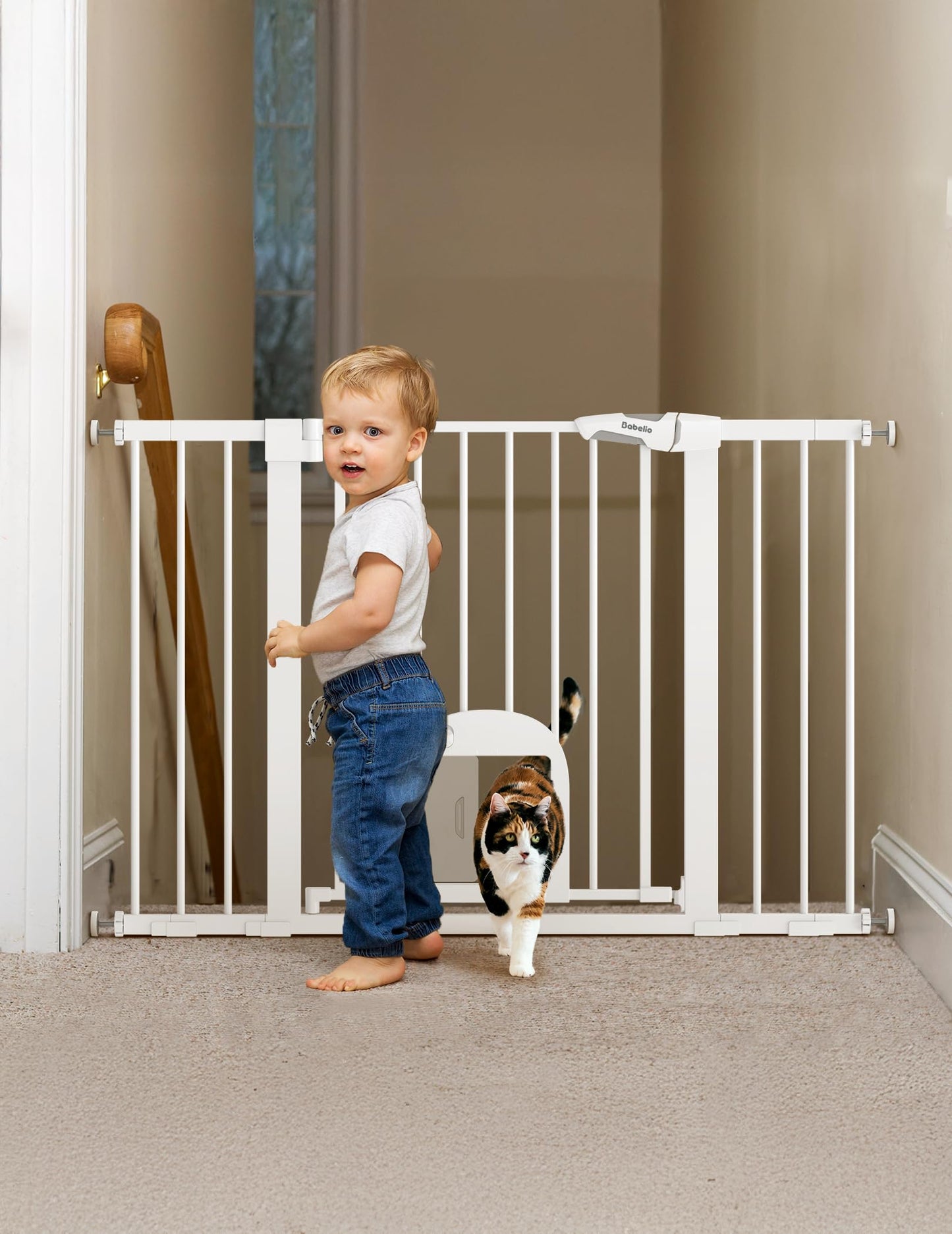 Babelio Upgraded Baby Gate with Cat Door, 29-43" Auto Close Durable Dog Gate for Stairs, Doorways and House, Easy Walk Thru Safety Gate with Pet Door Includes 4 Wall Cups, Black