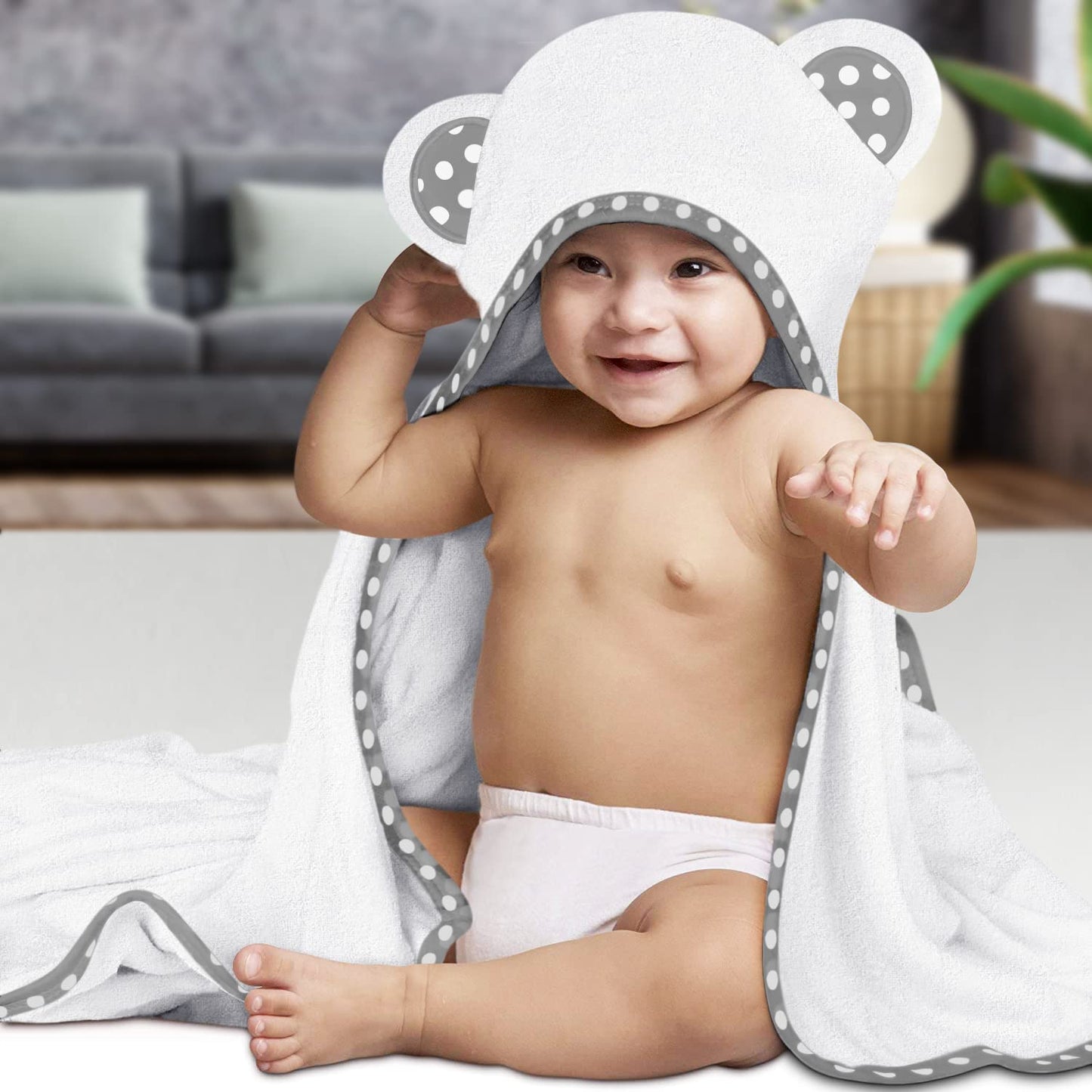 Set of 2 Hooded Baby Towels – White and Grey – Luxurious, Large and Super Absorbent – 30 x 30 Inch – Soft and Suitable for Infants, Toddlers and Kids – 400 GSM