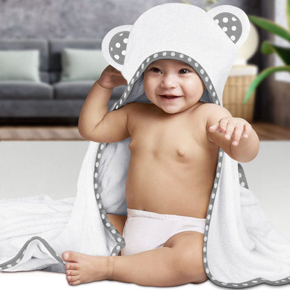 Set of 2 Hooded Baby Towels – White and Grey – Luxurious, Large and Super Absorbent – 30 x 30 Inch – Soft and Suitable for Infants, Toddlers and Kids – 400 GSM