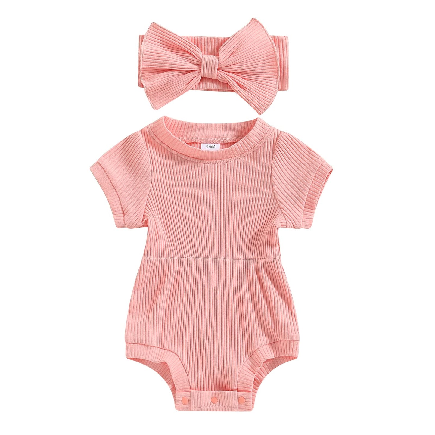 Baby Girl Summer Clothes Ribbed Short Sleeve Romper Solid Color Bodysuits Bow Headband Outfit Newborn Girl Jumpsuit