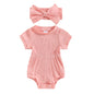 Baby Girl Summer Clothes Ribbed Short Sleeve Romper Solid Color Bodysuits Bow Headband Outfit Newborn Girl Jumpsuit
