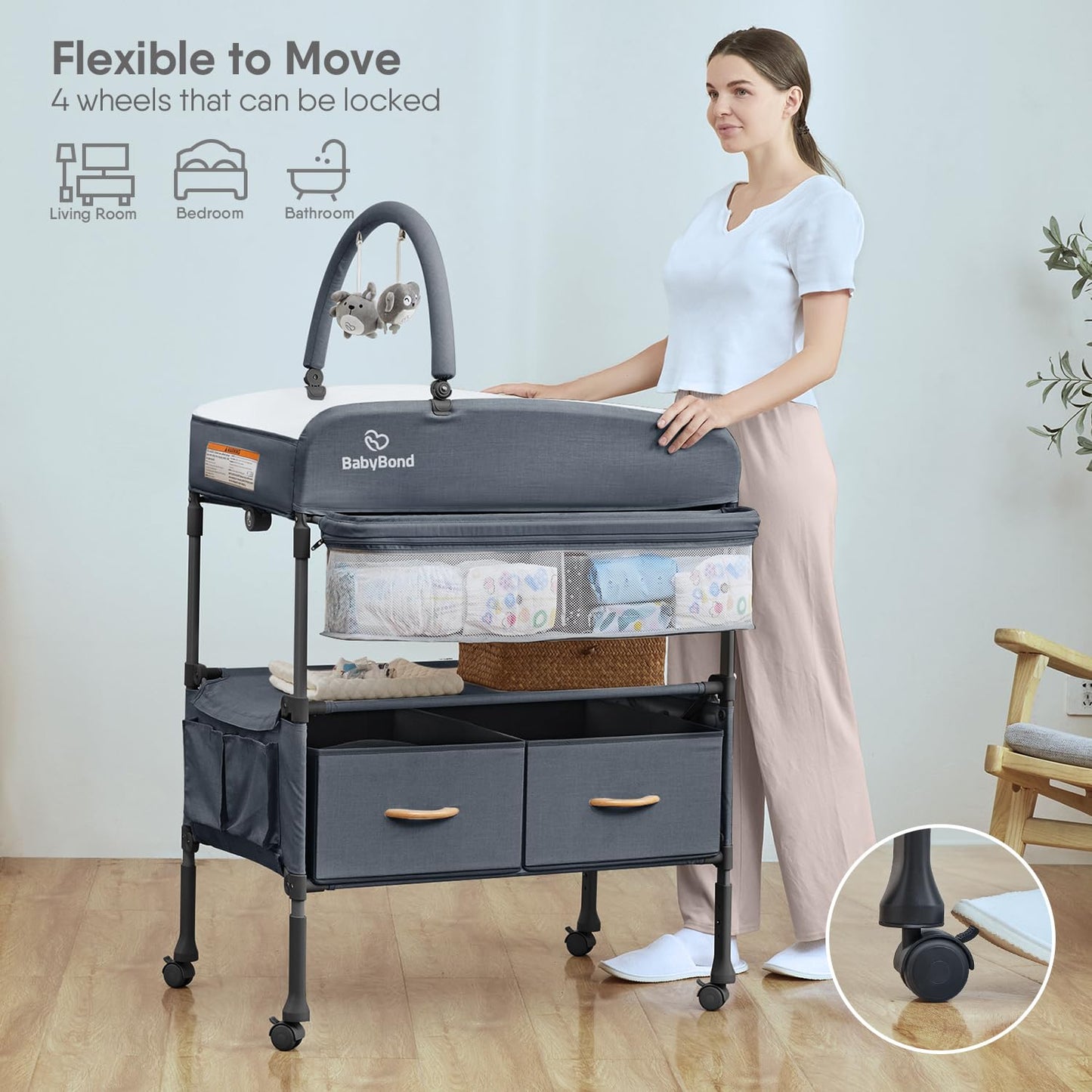 BabyBond Portable Baby Changing Table with 2 Storage Baskets, Foldable Changing Table Dresser Waterproof Diaper Changing Table Height Adjustable Changing Station for Infant and Newborn(Beige)