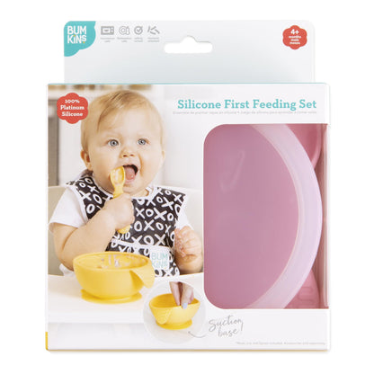 Bumkins Baby Bowls, Disney Minnie Mouse Silicone Baby Feeding Set, Suction Bowls for Baby and Toddler with Spoon, First Feeding Set, Platinum Silicone Bowl for Babies 4 Months