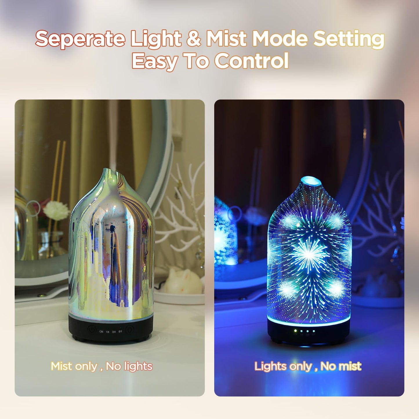 Essential Oil Diffuser Hand Blown Glass Aromatherapy Diffuser - Ultrasonic Cool Mist Scent Aroma Diffuser, Whisper Quiet with Auto Shut-Off, Timer Setting &7 Colors Night Light for Home