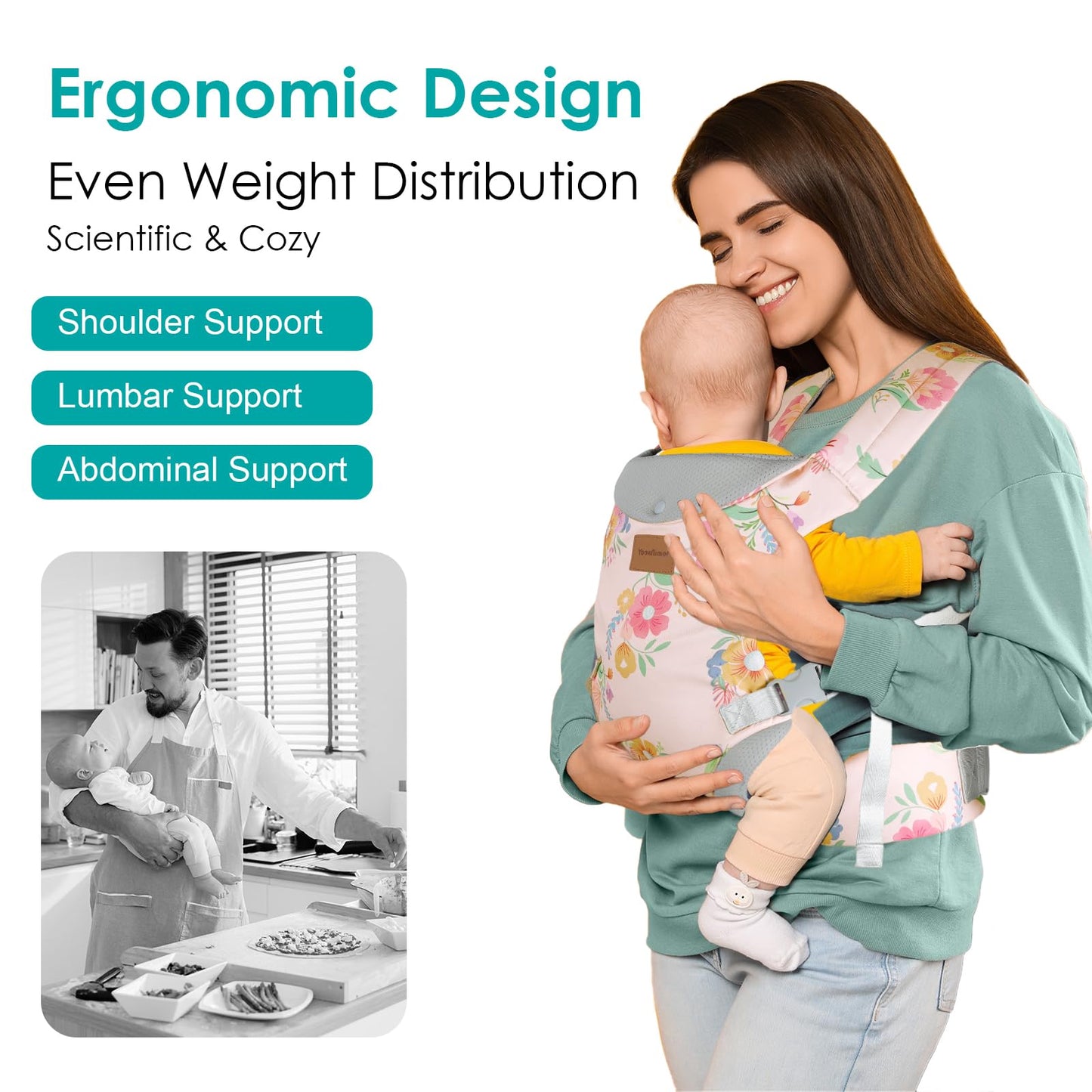 Baby Carrier Newborn to Toddler, Ergonomic Adjustable Toddler Carriers for 7-65 Lbs, Cozy Lightweight Infant Carrier with Neck Support, Baby Holder Carrier with Lumbar Support for Mom Dad