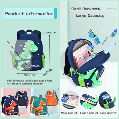 Dinosaur Anti-lost Backpack for Boys Kindergarten Preschool Bookbag with Chest Strap, Toddler Boys Backpack Daycare Bag, B-Green+Orange