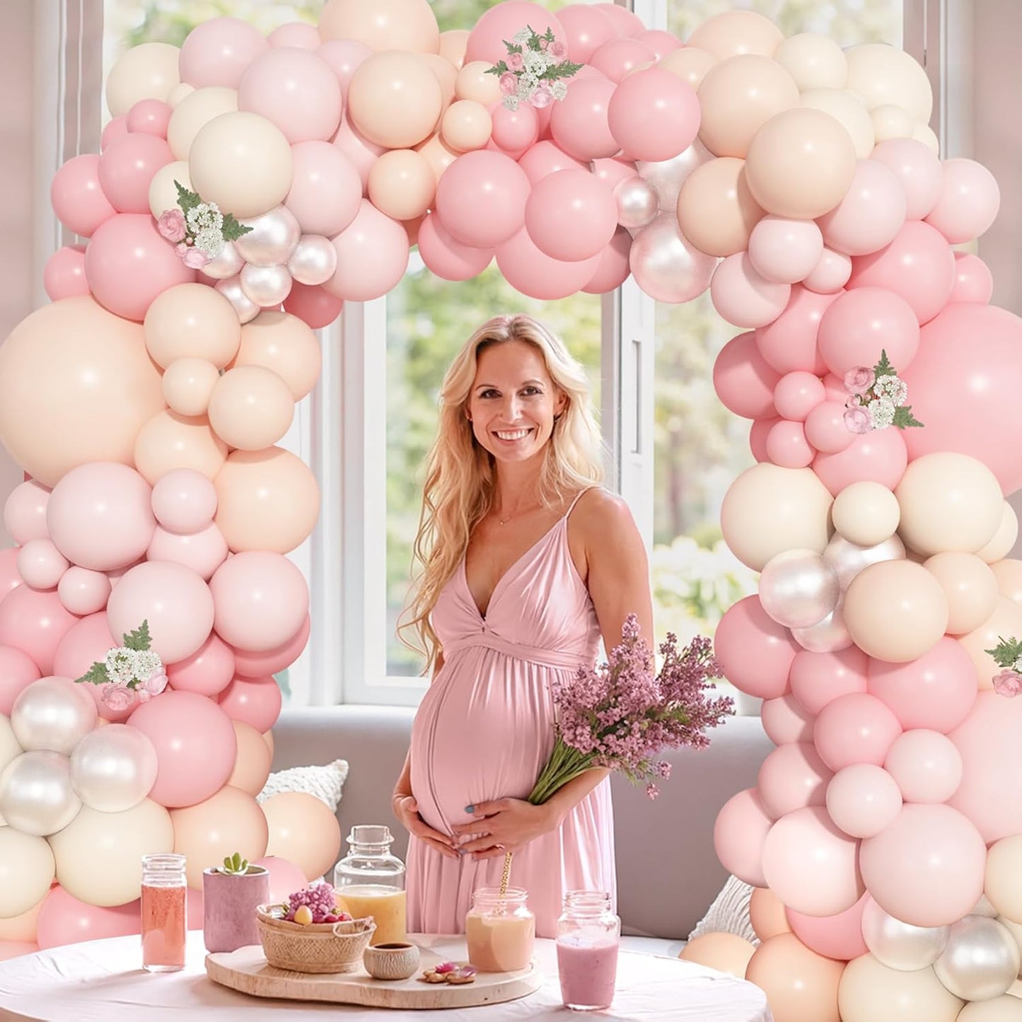 Ouddy Life 157 Pcs Boho Dusty Pink Balloons Arch Garland Kit, Blush Neutral Pink Sand White Metallic Gold Different Size Balloon for Girls Baby Shower Birthday Wedding Gender Reveal Party Decorations