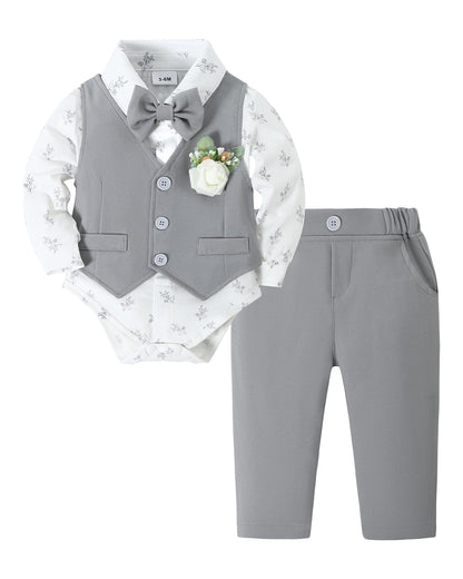 SANMIO Baby Boy Clothes Suits Infant Gentleman Outfit Collared Dress Shirt+Vest+Tie+Corsage+Pants 5Pcs Baby Suit Sets