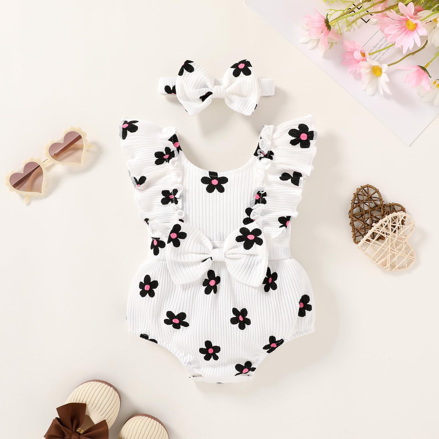 YOUNGER TREE Newborn Baby Girl Clothes Ruffle Sleeve Rompers Infant Backless Floral Jumpsuit Summer Outfits with Headband