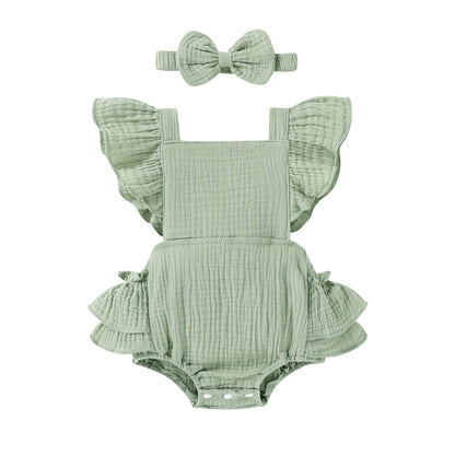 Happy Town Baby Girl Clothes Toddler Summer Linen Romper Sleeveless Ruffle Outfits Infant Girls Jumpsuit with Headband
