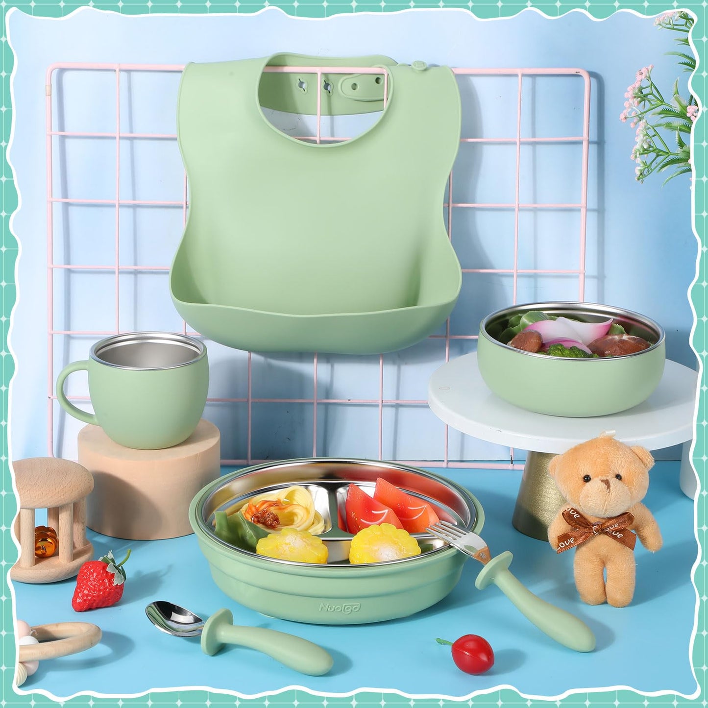 Nuogo 6 Pcs 304 Stainless Steel Kids Plates and Bowls Set Stainless Steel Suction Bowls and Toddler Cup with Removable Silicone, Forks Spoons Pocket Bib for Baby Toddle(Pink,Round)