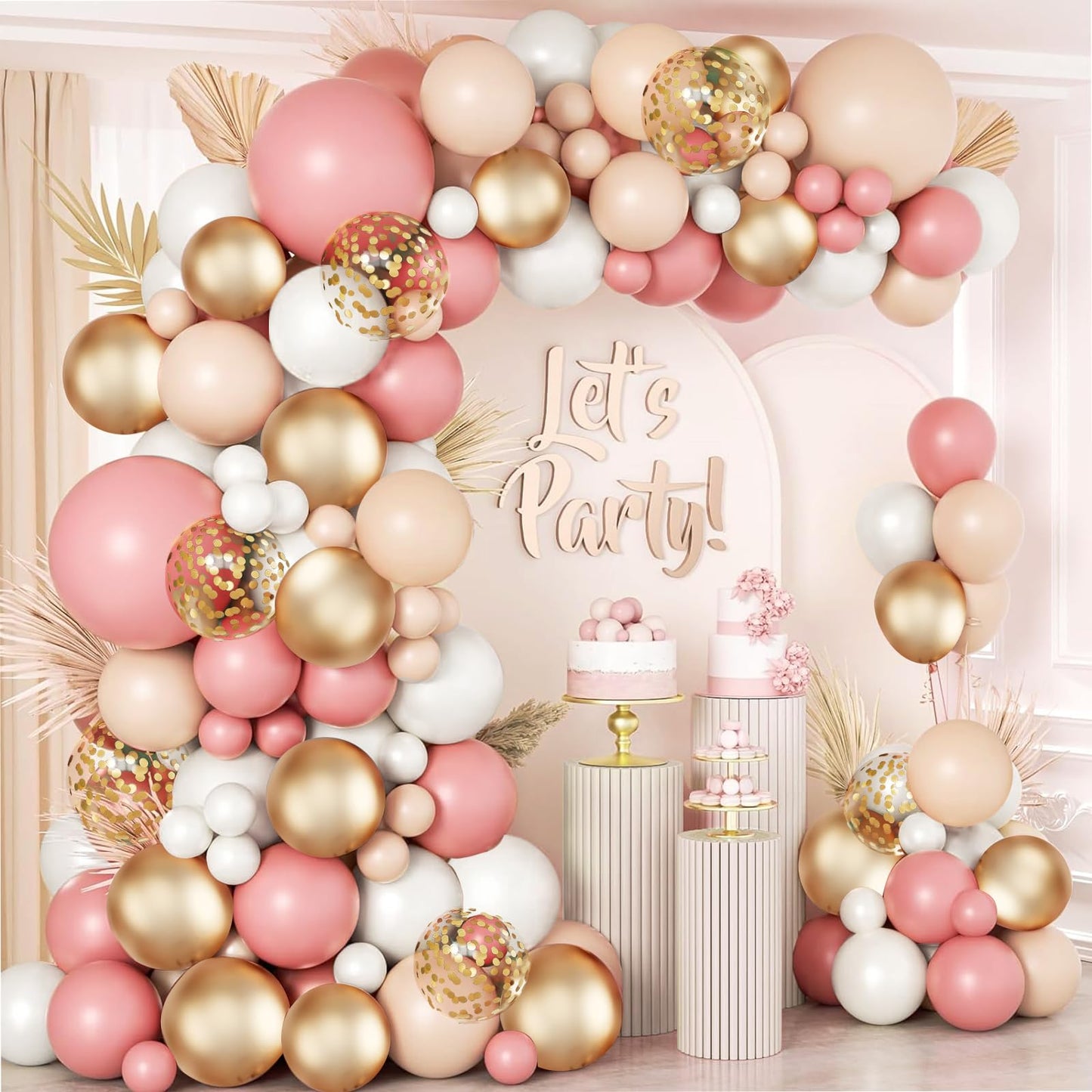 Sage Green Pink Balloon Arch Kit, Olive Green Light Pink Sand White Blush Metallic Gold Balloons with Gold Confetti Balloons for Girl Birthday Woodland Baby Shower Jungle Safari Decorations