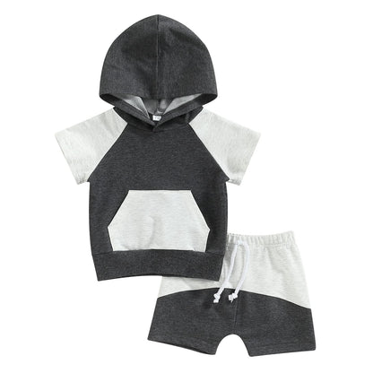 Toddler Baby Boy Summer Outfit Short Sleeve Hooded Stripes Top Casual Shorts Set Infant Newborn Clothes 6 12 18 24 Month