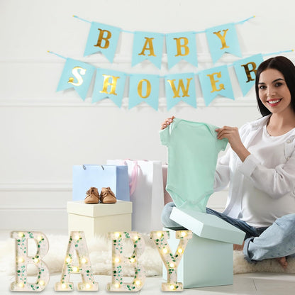 Woodland Greenery Centerpieces Baby Marquee Light up Sign Letters 8.26'' Baby Shower Letter Battery Operated Gender Reveal Birthday Party Decor for Home Table(Eucalyptus Leaf Baby,Green)