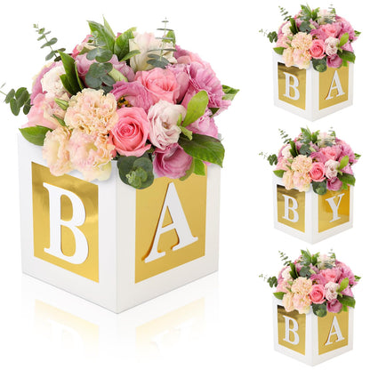 4 Pcs Baby Shower Flower Boxes Centerpieces Decoration Rose Gold Baby Block Floral Holder Centerpiece Baby In Bloom Gender Reveal Birthday Party Decors Table Display Its A Girl Its A Boy