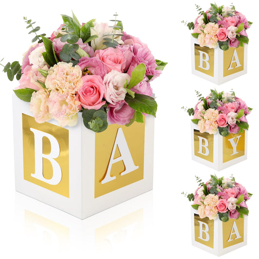 4 Pcs Baby Shower Flower Boxes Centerpieces Decoration Rose Gold Baby Block Floral Holder Centerpiece Baby In Bloom Gender Reveal Birthday Party Decors Table Display Its A Girl Its A Boy