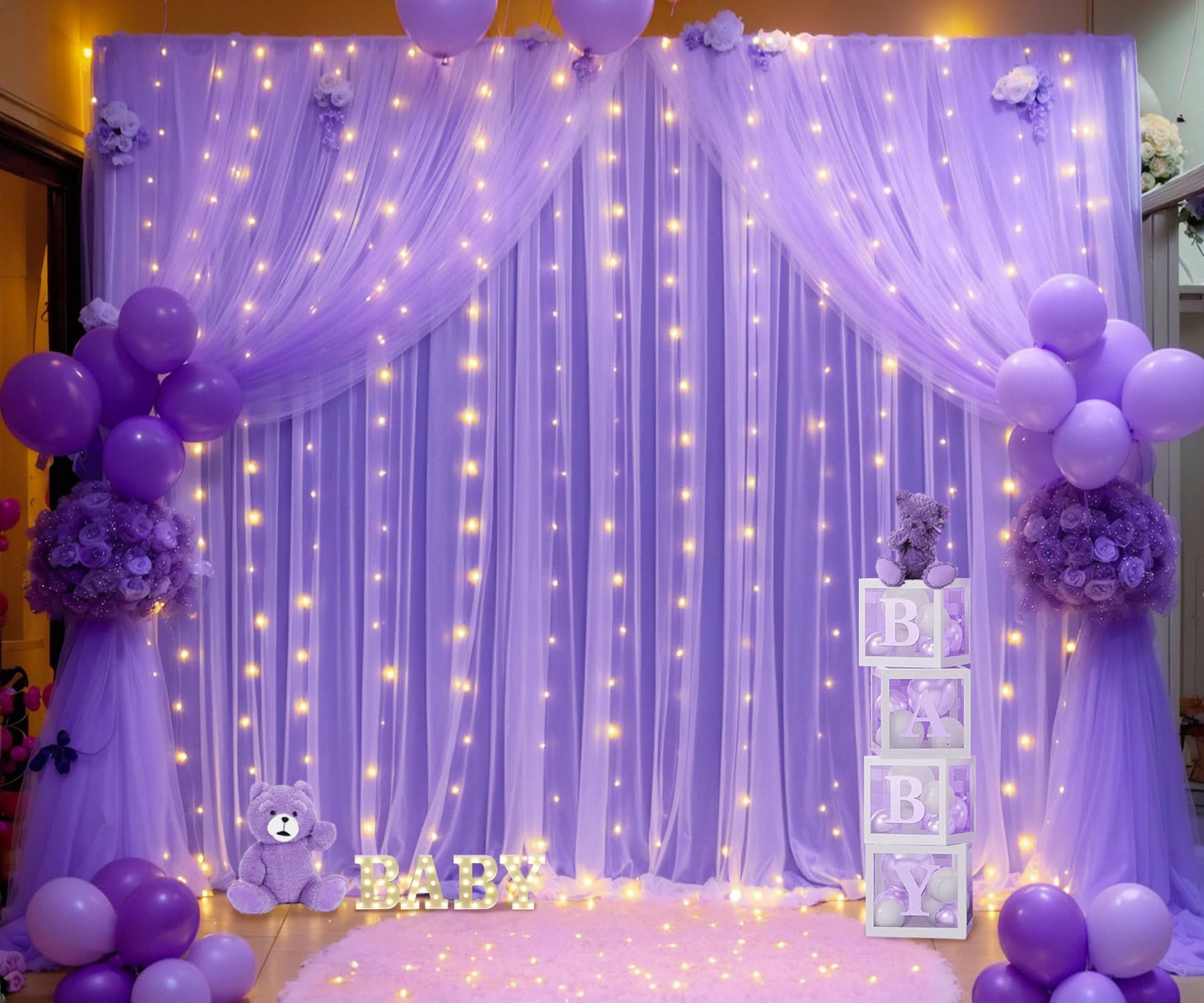 White Tulle Backdrop Curtain with Lights String for Parites 10×8ft Sheer Backdrop Curtains White Curtain Backdrop for Wedding Baby Shower Birthday Party Photo Shoot Decorations(2 Panels 10ft×8ft)