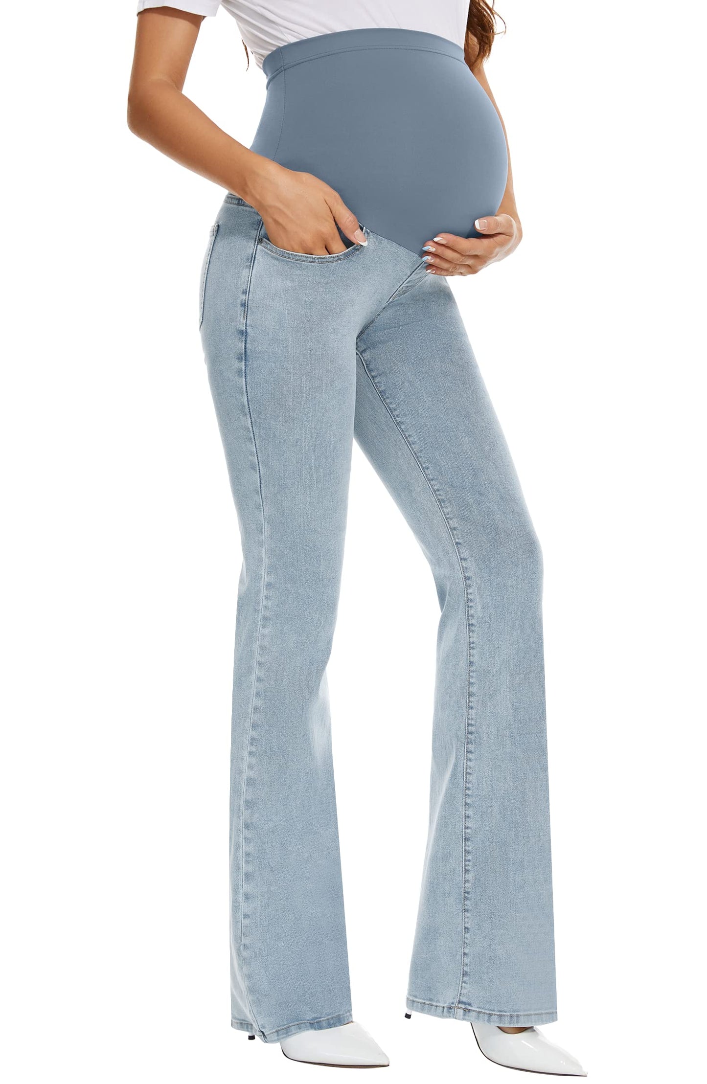GLAMIX Women's Stretch Maternity Bootcut Jeans with Pockets Over The Belly Bell Bottoms Flare Denim Pants Pregnancy Clothes