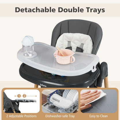 INFANS Baby High Chair, High Chairs for Babies & Toddlers with Adjustable Height Backrest Footrest Removable Tray, Easy to Clean PU Seat Convertible Quick Folding Portable Highchair (Dark Gray)