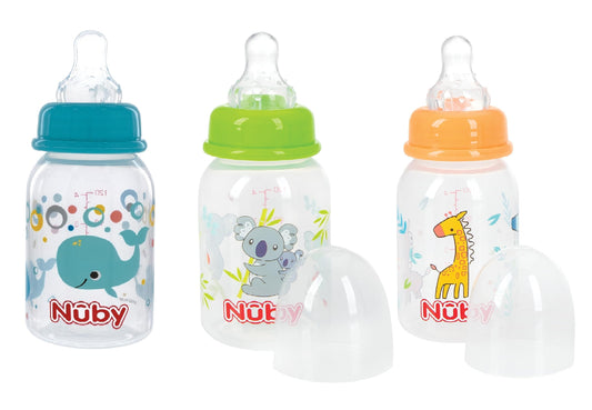 Nuby Printed Non-Drip Bottle, 4 Ounce, 1 Pack of 1 Bottle, Colors May Vary