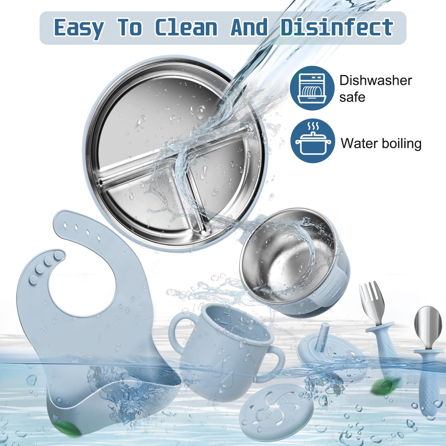 Baby Weaning Bundle, Silicone Baby Feeding Set, Comes with Detachable Silicone Stainless Steel Toddlers Plate and Bowl set, Baby Bib and 2-in-1 Water Cup and spoons (Blue)
