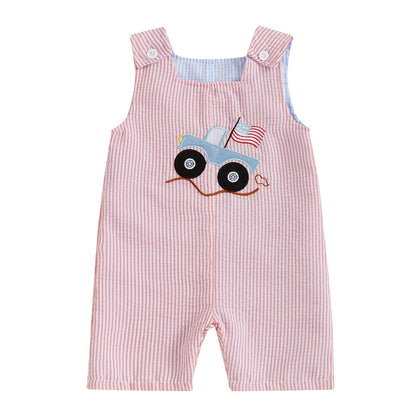 Baby Boy Summer Clothes Sleeveless Embroidery Dinosaur Striped Retro Romper Jumpsuit Smocked Shortall