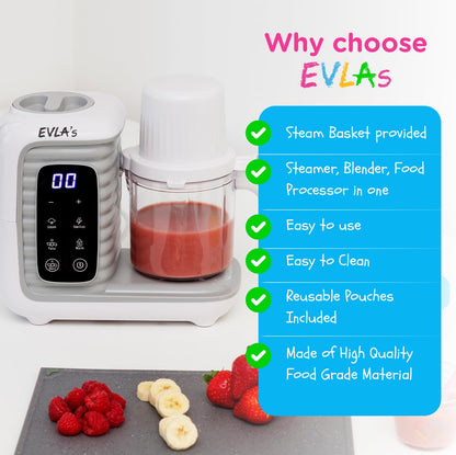 EVLA'S Baby Food Maker, Steamer, Blender, Baby Food Processor for Healthy Homemade Baby Food in Minutes, Touch Screen with 6 Reusable Food Pouches, Baby Registry Essential, White
