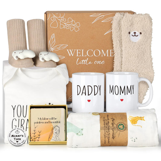 New Mom Gifts for Women, 9pcs Pregnancy Gifts for Expecting Mom, Cute Baby Gifts New Parents Gifts for Couples with Mom and Dad Mugs for Gender Reveal, Baby Shower, First Time Mom Gifts (Blue Gray)