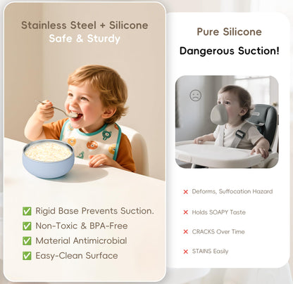 Bella's Friends Stainless Steel Baby Bowls with Silicone Sleeve 3 Pack, 4.3” for Toddlers Kids Feeding, Non-Slip, Non-Toxic, Mess-Free, Dishwasher Safe, Fit High Chair Size, Rose green Khaki